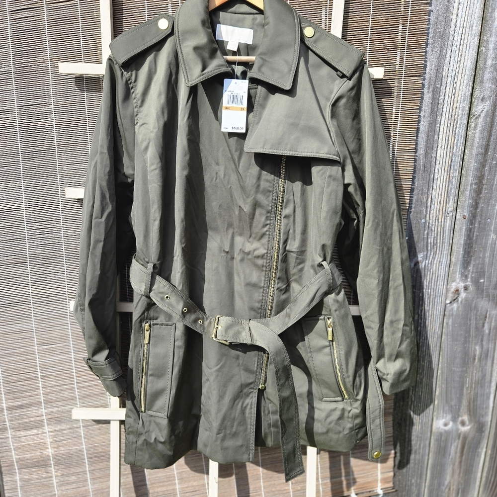 NEW Michael Kors Belted Trench Jacket Coat Gold Accents Ivy 3X